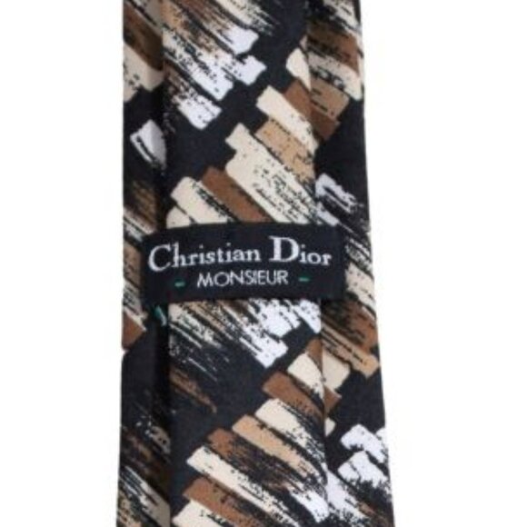 Christian Dior MONSIEUR Tie 100% Silk - White, Beige & Black Diagonal Pattern - Picture 3 of 6